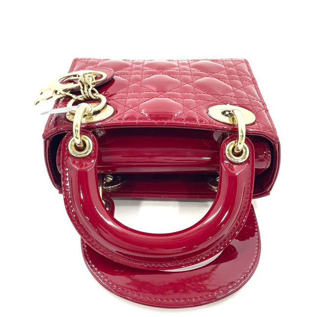 Lady Dior Mini Handbag Burgundy Red Patent Leather Gold-tone Chain Strap