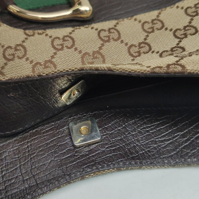 Gucci Large Vintage Brown Monogram and Leather Side Horsebit Shoulder Bag