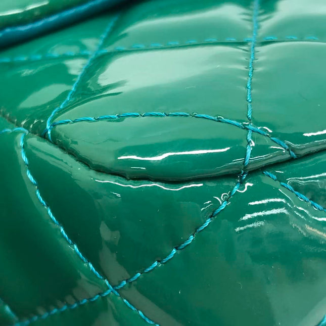 Chanel Classic Flap Medium Teal Blue Green Patent Leather Silver Hardware 2014-15