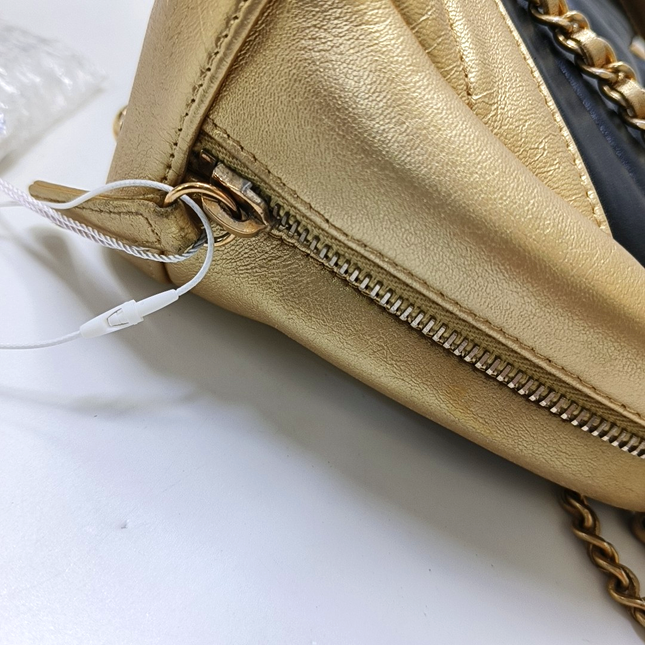Chanel Camera Bag Chevron Stitching Black Gold Lambskin Leather Double Gold Chain, 2014