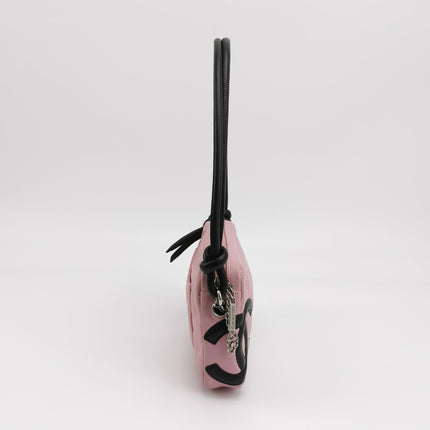 Chanel Cambon Clutch Shoulder Bag Pink Calfskin Leather Black Strap