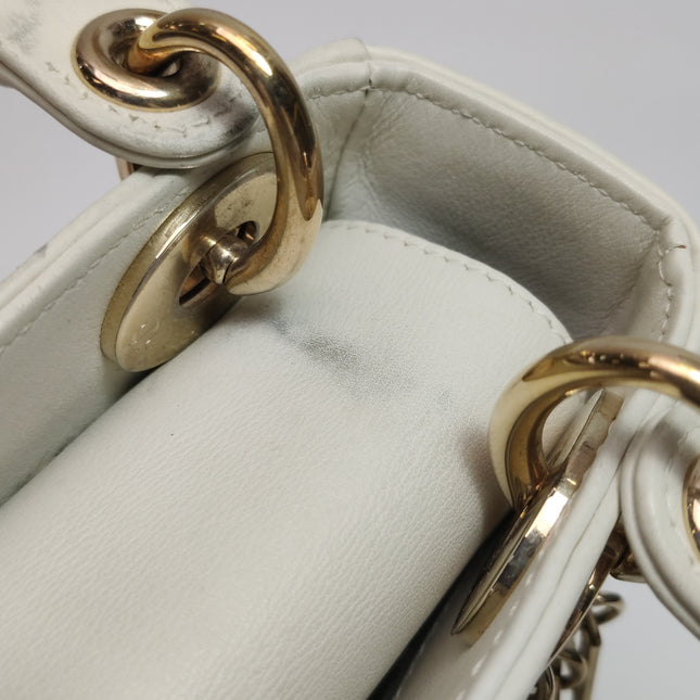 Lady Dior Mini 2018 Embroidered White Calfskin Leather Gold Beads Crossbody Bag