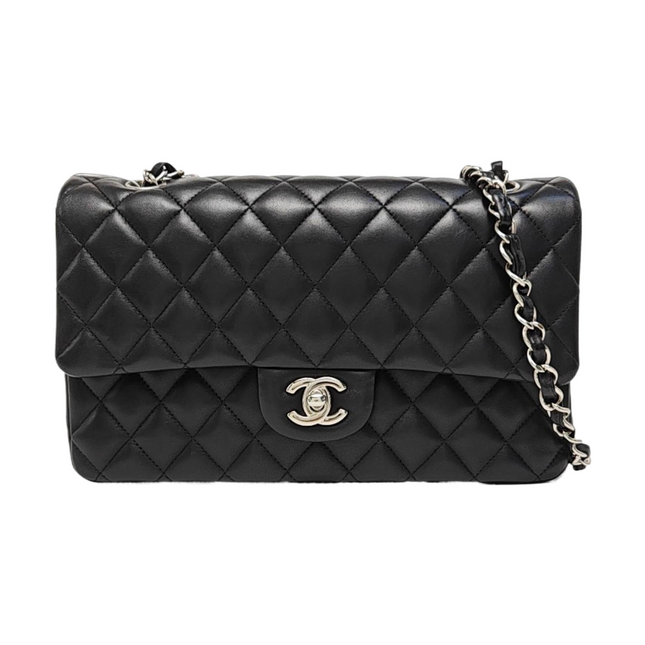 Chanel Timeless Classic Flap Medium 2014 Black Lambskin Leather Silver Hardware