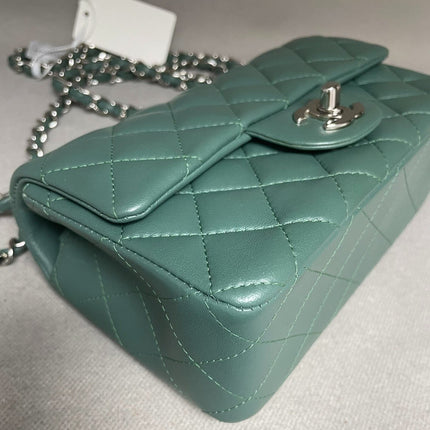 Chanel Classic Flap Mini Rectangular 2019 Green Lambskin Leather Silver Hardware