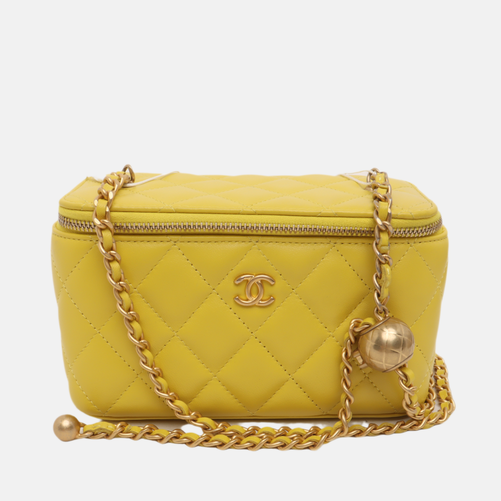 Chanel Vanity Case Mini Lambskin Leather Yellow Gold Ball Adjustable Strap, Chip-Luxbags