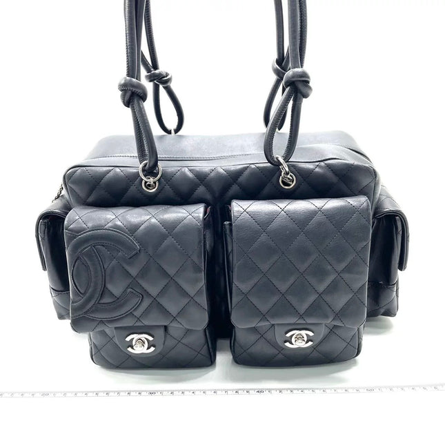 Chanel Cambon Multi-pocket Ligne Reporter Bag Medium Black CC on Black Calfskin Leather