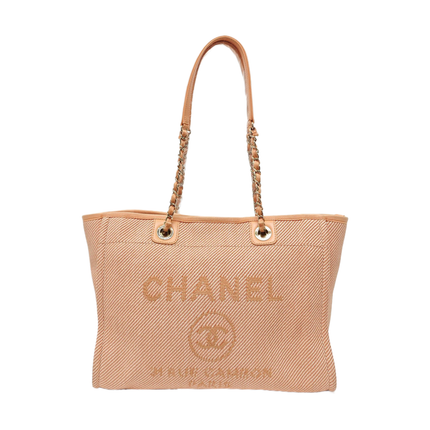 Chanel Deauville Tote coral Pink Cloth Leather Chain Strap Small 34cm-Luxbags