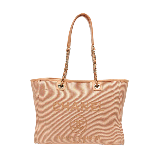 Chanel Deauville Tote coral Pink Cloth Leather Chain Strap Small 34cm-Luxbags