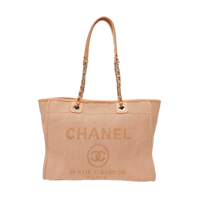 Chanel Deauville Tote coral Pink Cloth Leather Chain Strap Small 34cm-Luxbags