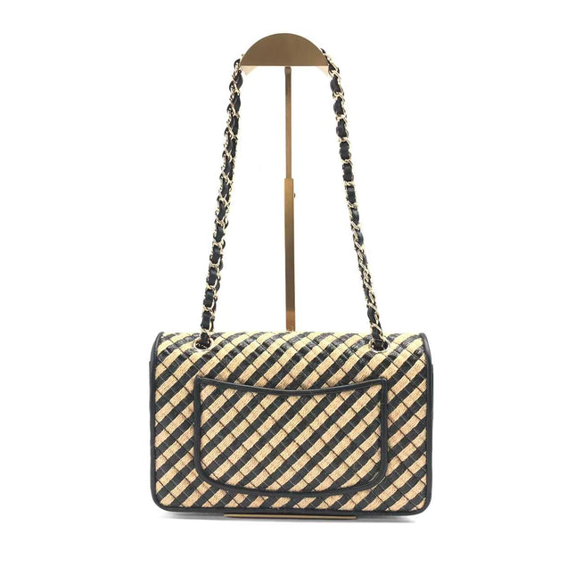 Chanel Medium Raffia Jute Striped Flap Bag Black Diamond Wild Stitch