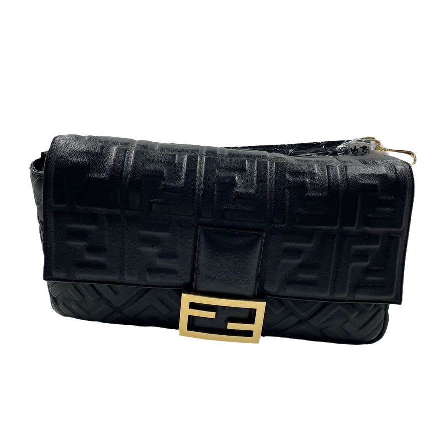 Fendi Baguette Black Leather 3D FF Motif Crossbody bag Large-Luxbags