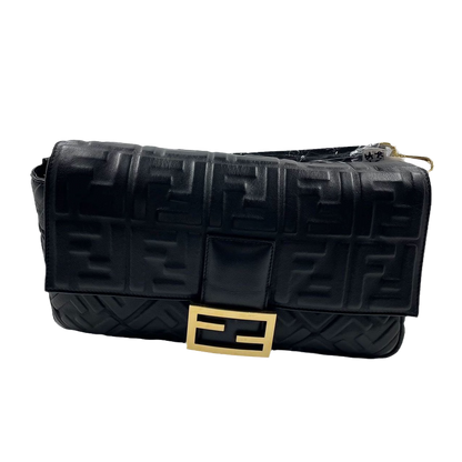 Fendi Baguette Black Leather 3D FF Motif Crossbody bag Large-Luxbags