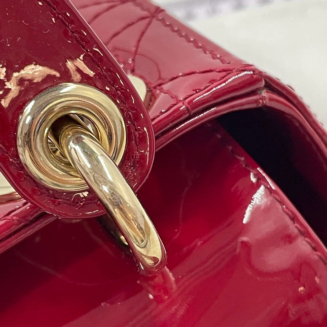 Lady Dior Mini Handbag Burgundy Red Patent Leather Gold-tone Chain Strap