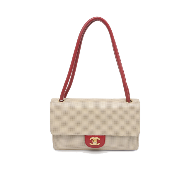 Chanel Vintage Classic Flap Bi-color Beige Perforated Leather and Red Leather Strap Bag, 2000-2002-Luxbags
