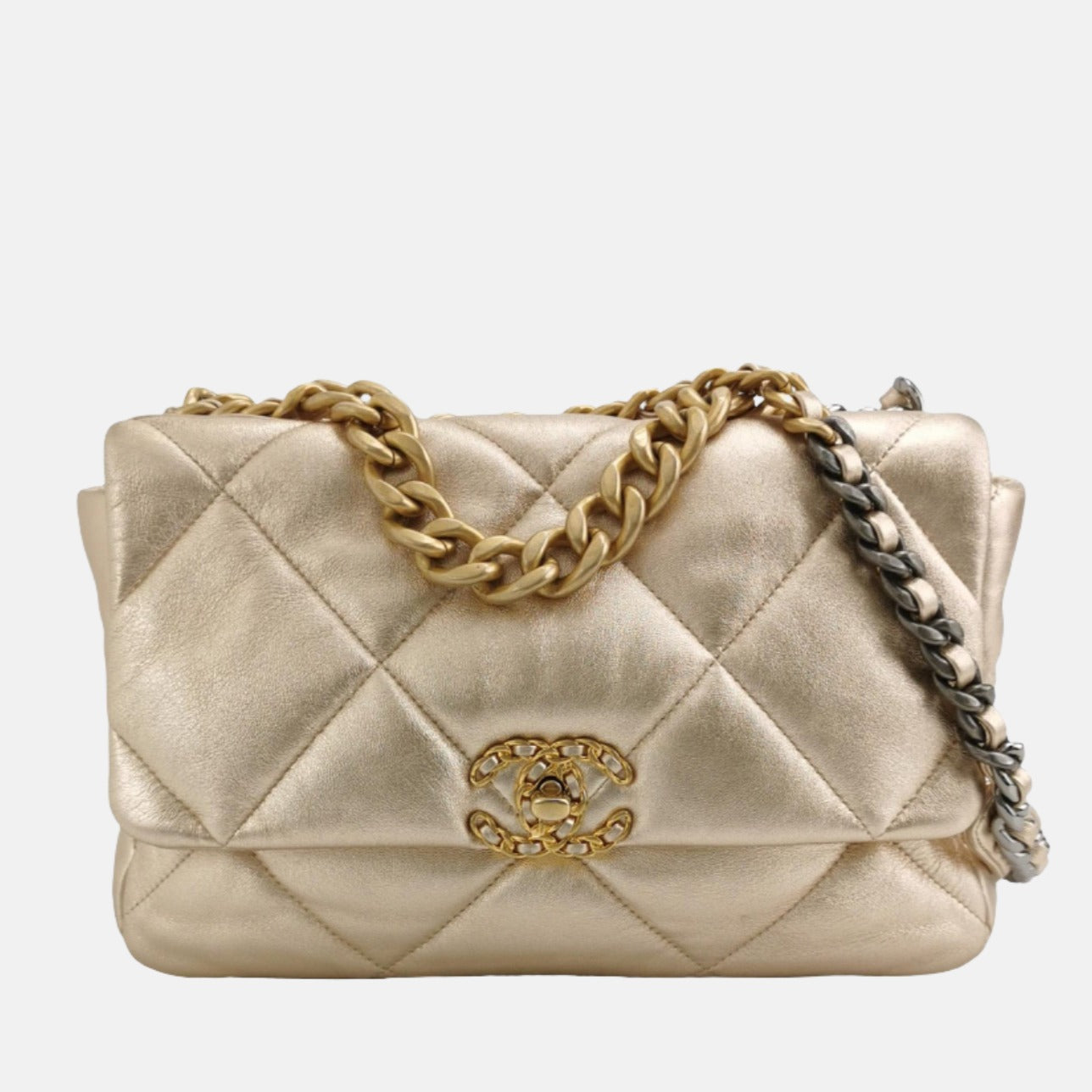 Chanel 19 Bag Medium 2021 Light Gold Crossbody Bag Dual Color Chain