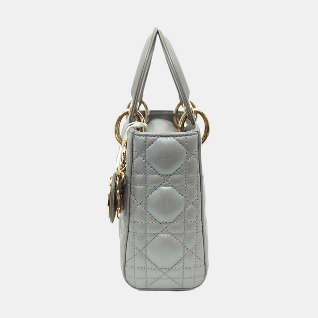 Lady Dior Mini Pearlescent Grey Cannage Lambskin Gold Hardware Chain Strap