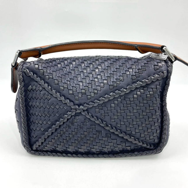 Loewe Puzzle Small Leather Woven Braided Navy Crossbody Bag