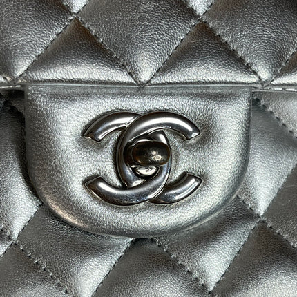 Chanel Classic Flap Medium Silver Lambskin Leather Silver Hardware