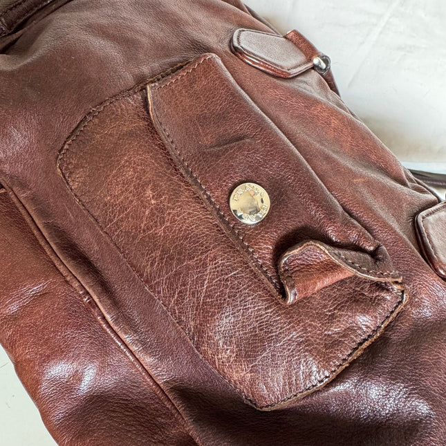 Prada Large Brown Washed Top Handle Bauletto Bag Calfksin Leather