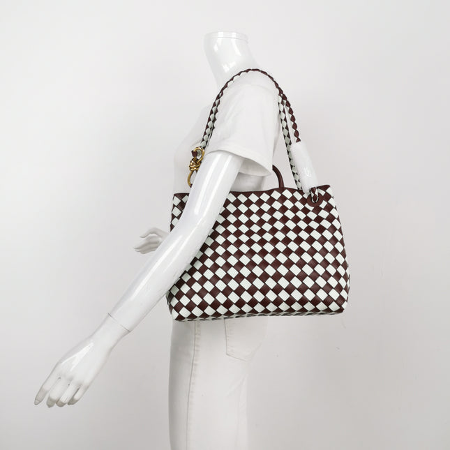 Bottega Veneta Andiamo Medium White and Burgundy Checkered Intrecciato Leather Handbag