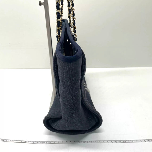 Chanel Deauville Tote Navy Denim Cloth Leather Chain Strap Small 34cm