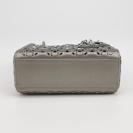 Lady Dior Mini Grey Silk with Crystals Silver Hardware