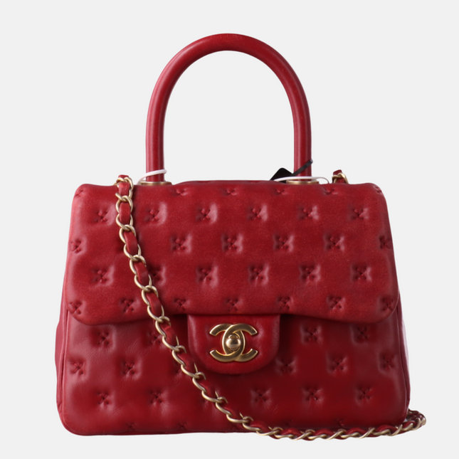 Chanel Paris-Rome Cross Stitch Mini Coco Handle Red Lambskin Crossbody Bag, 2017-Luxbags