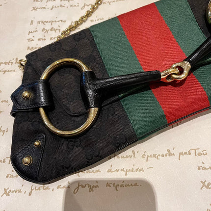 Gucci Horsebit 1955 Cloth Black Monogram Red Web Large Shoulder bag