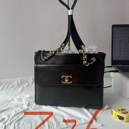 Chanel Vintage Front Pocket Tote Chocolate Brown Leather Double Gold Leather Chain