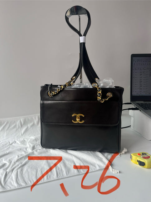 Chanel Vintage Front Pocket Tote Chocolate Brown Leather Double Gold Leather Chain