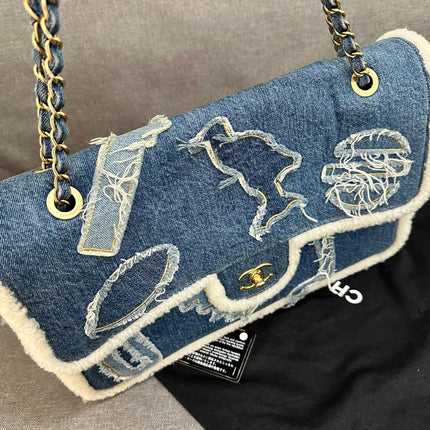 Chanel Blue Denim White Shearling Egyptian Hieroglyph Maxi Flap Bag Gold Hardware, 2019