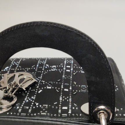 Lady Dior Mini Black Silk with Crystals Silver Hardware