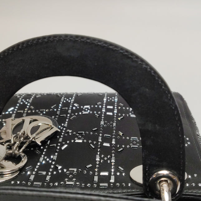 Lady Dior Mini Black Silk with Crystals Silver Hardware