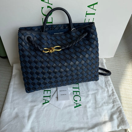 Bottega Veneta Andiamo Medium Navy Leather and Denim Intrecciato Leather Handbag