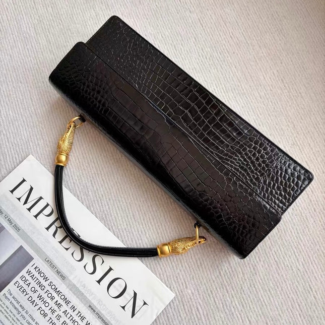 Hiroko Koshino Black Crocodile Print Calfskin Leather East West Clutch Bag