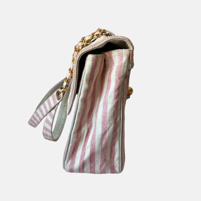 Chanel Vintage XXL Maxi Pink Striped Travel Flap Bag Canvas Gold Hardware