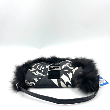 Fendi Baguette Black Print Fabric and Furry Shoulder Bag