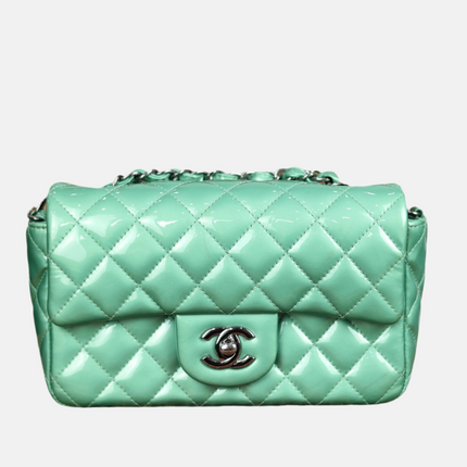 Chanel Classic Flap Rectangular Mini Green Patent Leather Silver HW-Luxbags