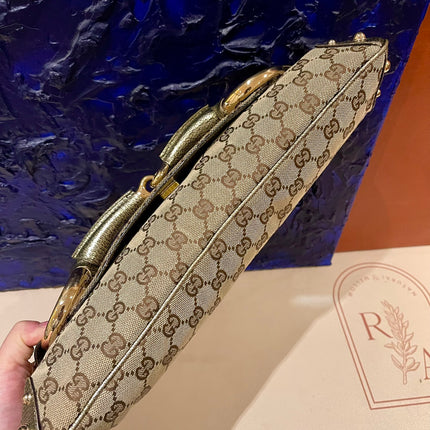 Sold Gucci Horsebit 1955 Large Cloth Beige Monogram Gold Leather Shoulder bag
