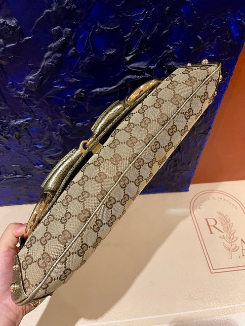 Sold Gucci Horsebit 1955 Large Cloth Beige Monogram Gold Leather Shoulder bag