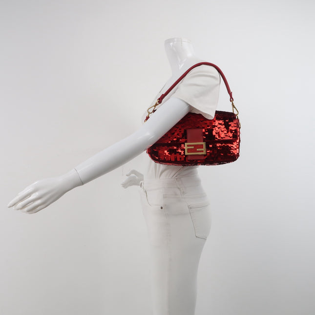 Fendi Baguette Medium Red Glitter Sequins Shoulder Bag