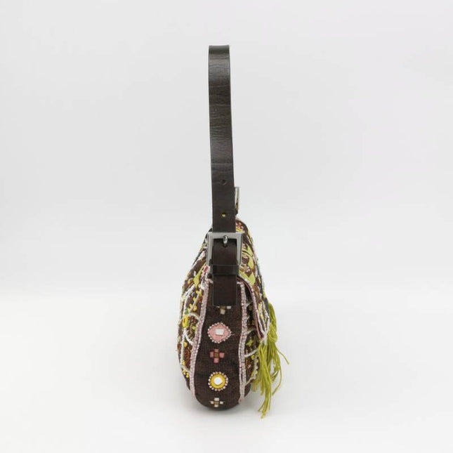 Fendi Baguette Vintage Brown Canvas with embroidery sequins mirrors and tassels