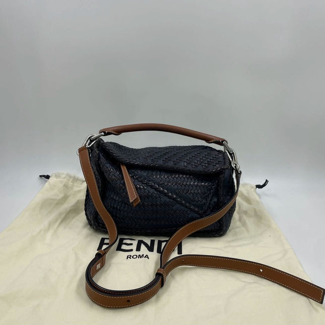 Loewe Puzzle Small Leather Woven Braided Navy Crossbody Bag