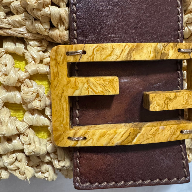 Fendi Baguette Raffia Straw Beige and Brown Leather Shoulder Bag