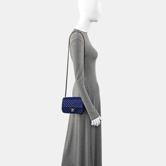 Chanel Classic Flap Mini Square Chevron Stitching Blue Lambskin Gold Hardware Crossbody Bag