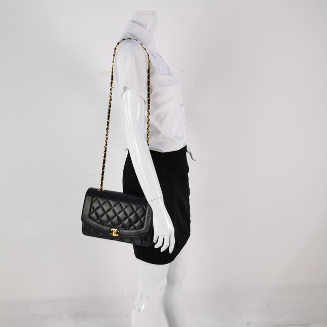 Chanel Diana CC Flap Bag 1994 Vintage Black Lambskin Leather with 24k Gold Hardware