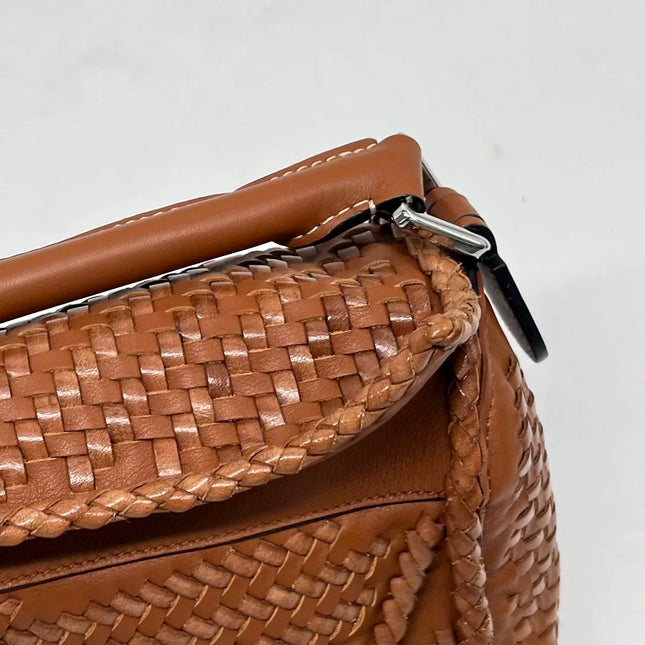 Loewe Puzzle Small Leather Woven Braided Tan Brown Crossbody Bag