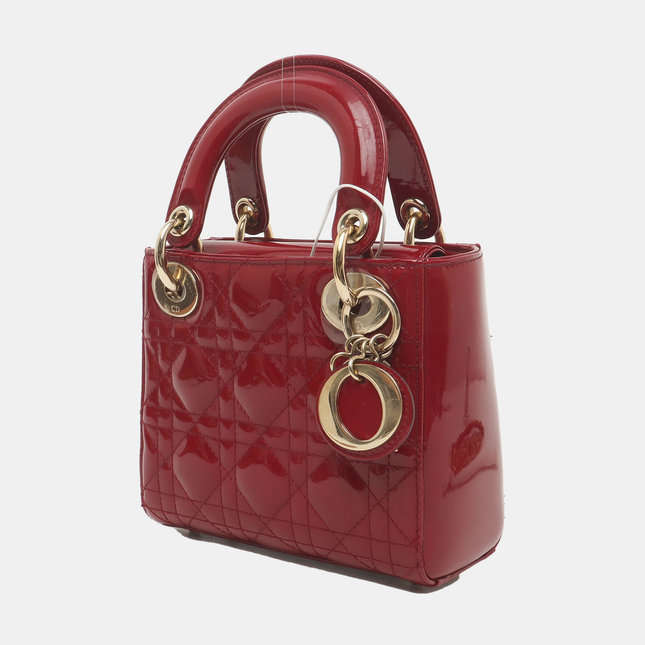Lady Dior Mini Handbag Burgundy Red Patent Leather Gold-tone Chain Strap