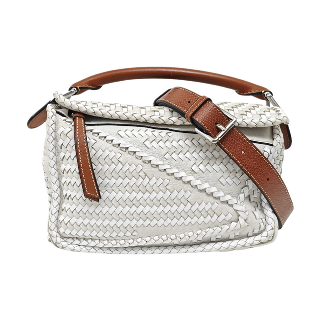 Loewe Puzzle Small Leather Woven Braided White Crossbody Bag-Luxbags