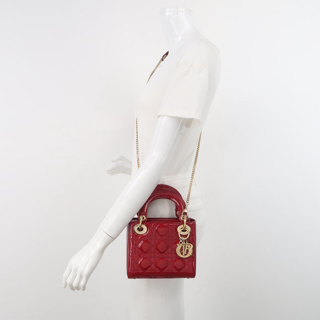 Lady Dior Mini 2019 Red Burgundy Patent Leather Gold Hardware Suede Interior Chain Strap